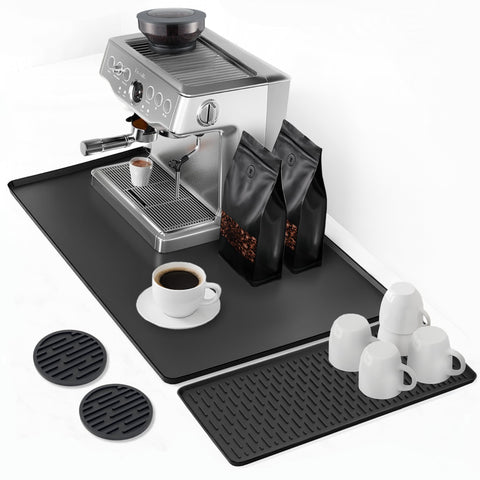 Linda's Essentials silicone coffee mat 24x16 overview keeps counter organized and protected during busy mornings
