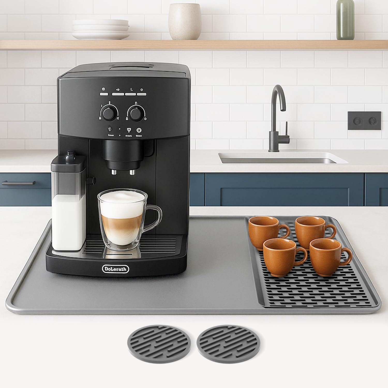 Linda's Essentials silicone coffee mat, top view, spacious counter organization for your coffee station.