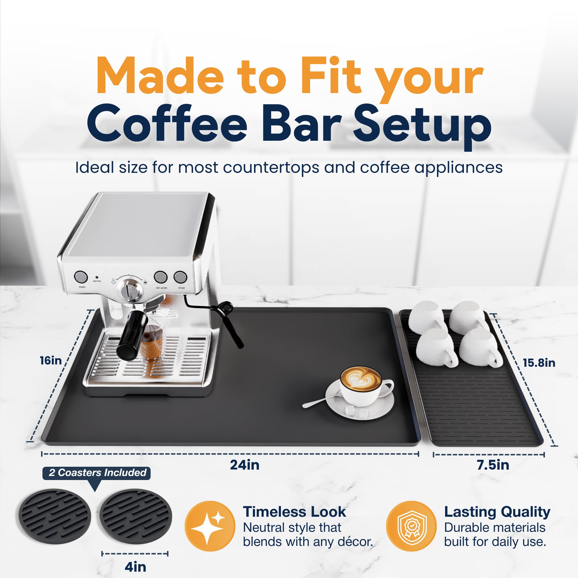 Linda's Essentials coffee mat on the counter expands workspace and reduces clutter