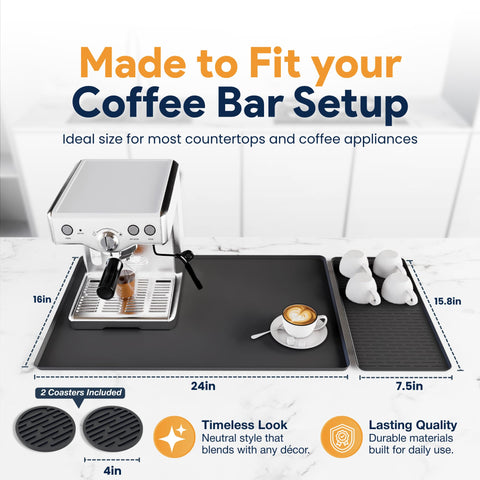 Linda's Essentials coffee mat on the counter expands workspace and reduces clutter