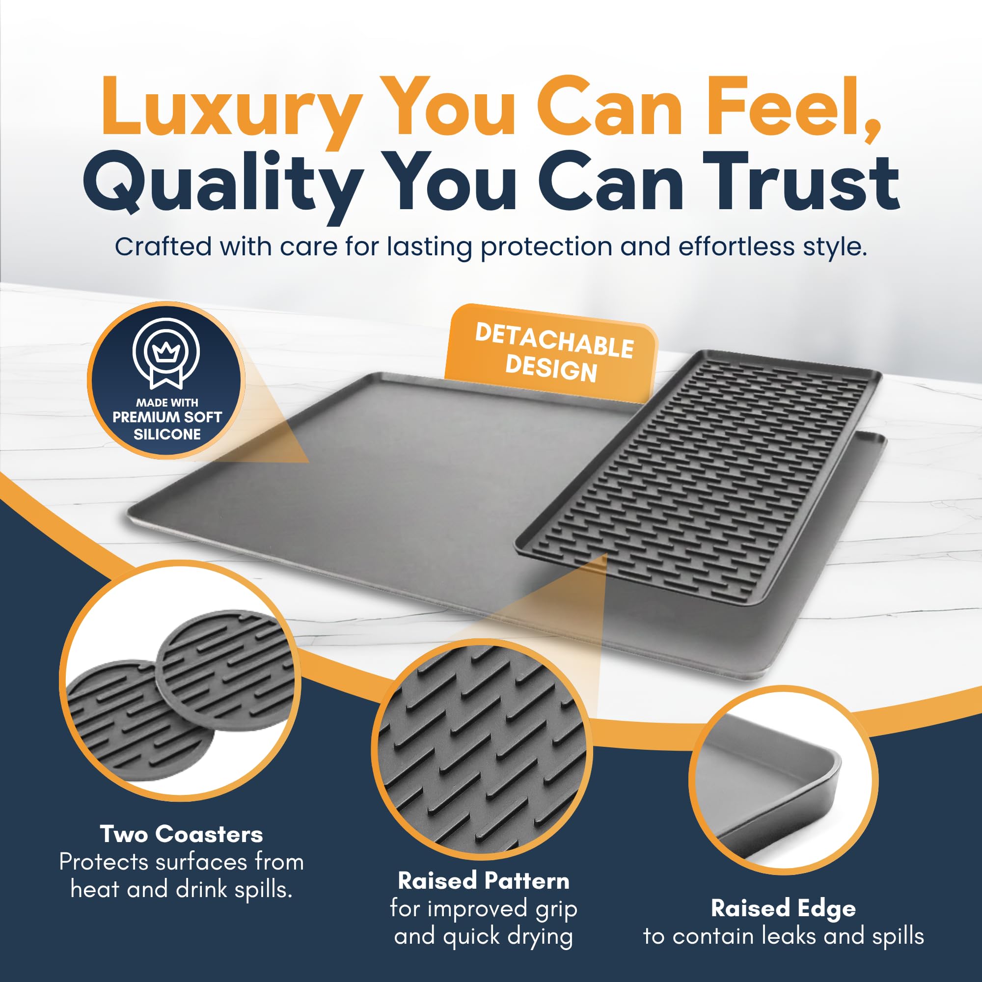Linda's Essentials silicone coffee mat with non-slip base stabilizes your machine.