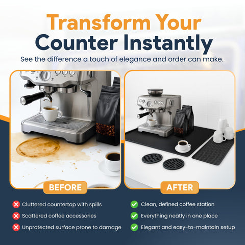Linda's Essentials silicone coffee mat non-slip base stabilizes espresso setup