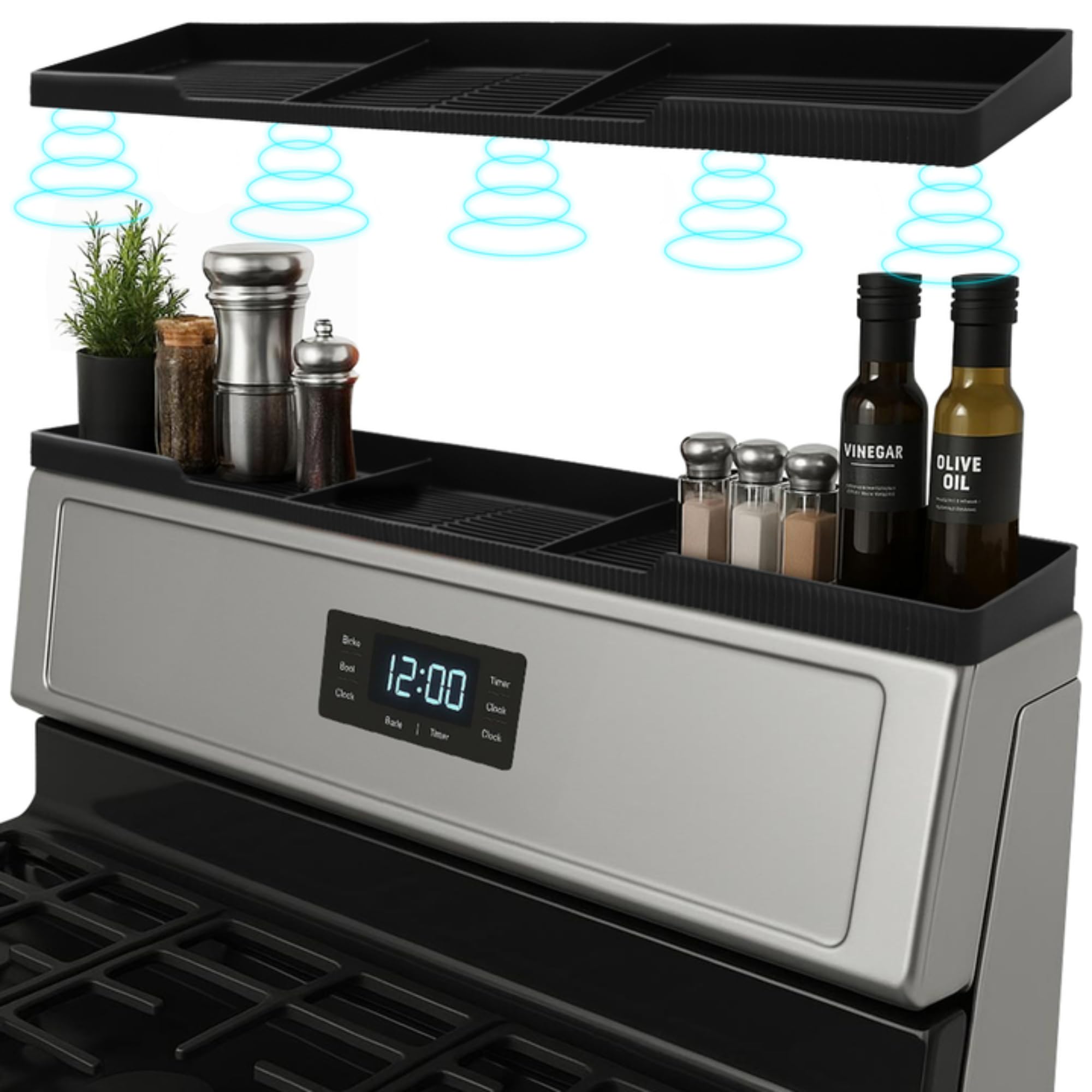 Linda's Essentials silicone magnetic over-stove shelf keeps spices within easy reach.