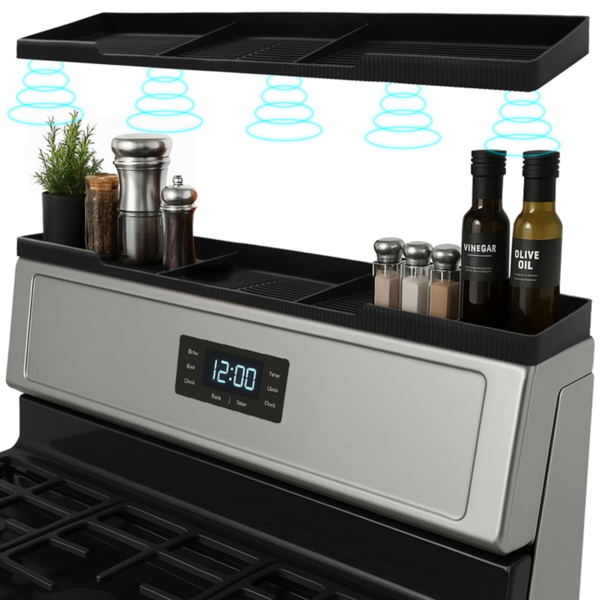Linda's Essentials silicone magnetic over-stove shelf keeps spices within easy reach.