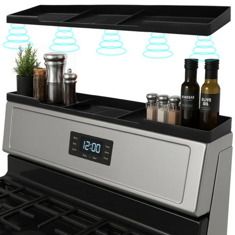 Linda's Essentials silicone magnetic over-stove shelf keeps spices within easy reach.