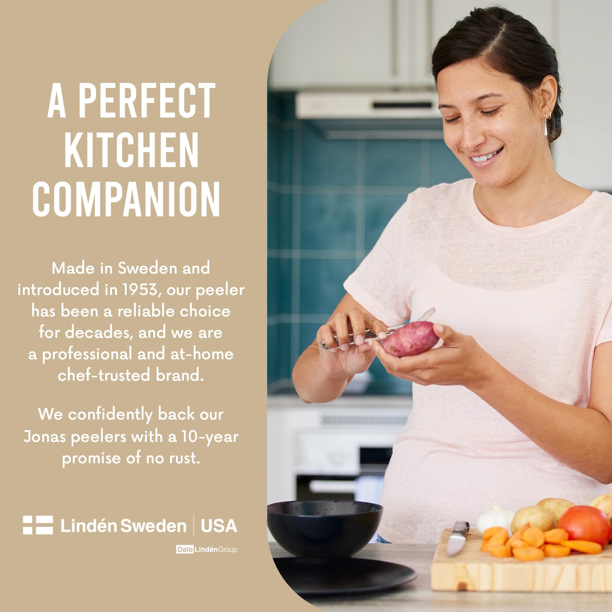Linden Sweden Jonas peeler precision-ground swivel blade for smooth peeling around curves.