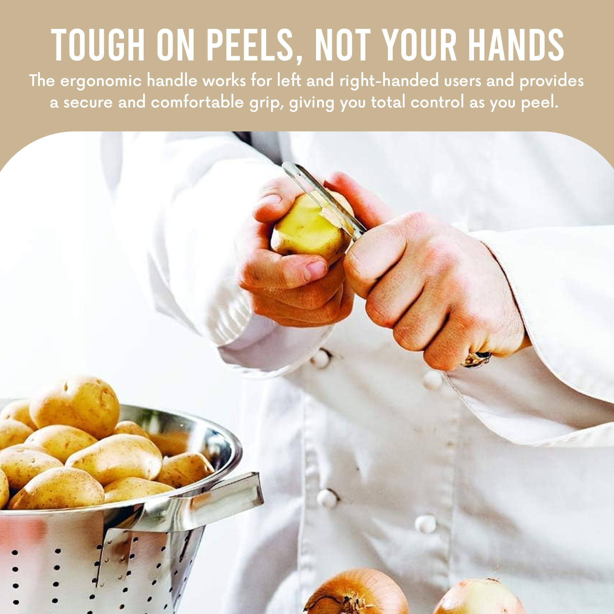 Linden Sweden Soft Grip Peeler gray peels potatoes with smooth motion.