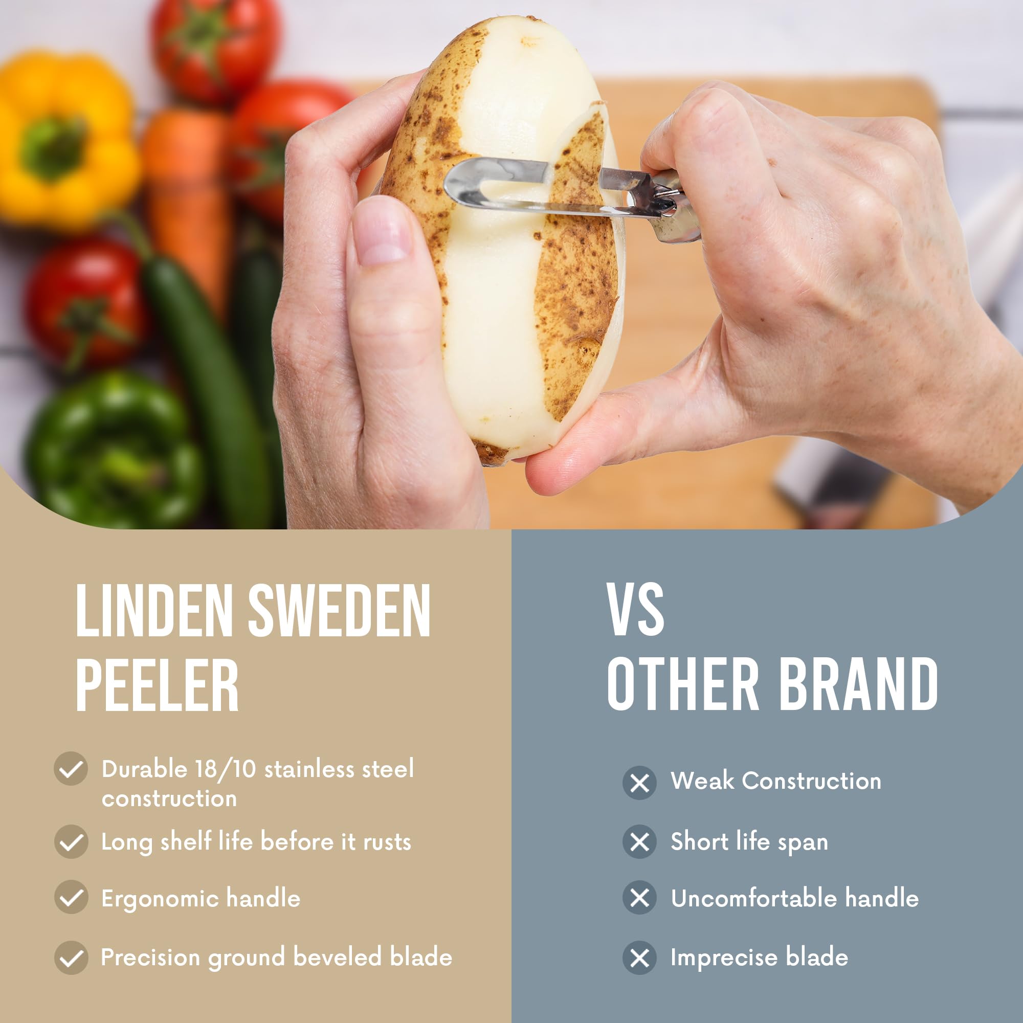 Linden Sweden Soft Grip Peeler gray stores neatly in a kitchen drawer.
