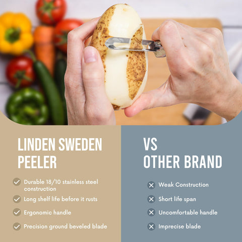 Linden Sweden Soft Grip Peeler gray stores neatly in a kitchen drawer.
