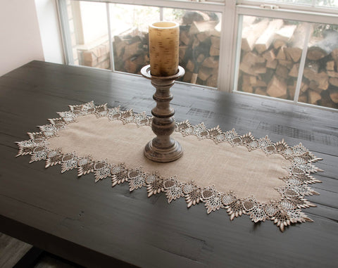 Linens, Art and Things beige two-tone lace pattern elevates casual meals.