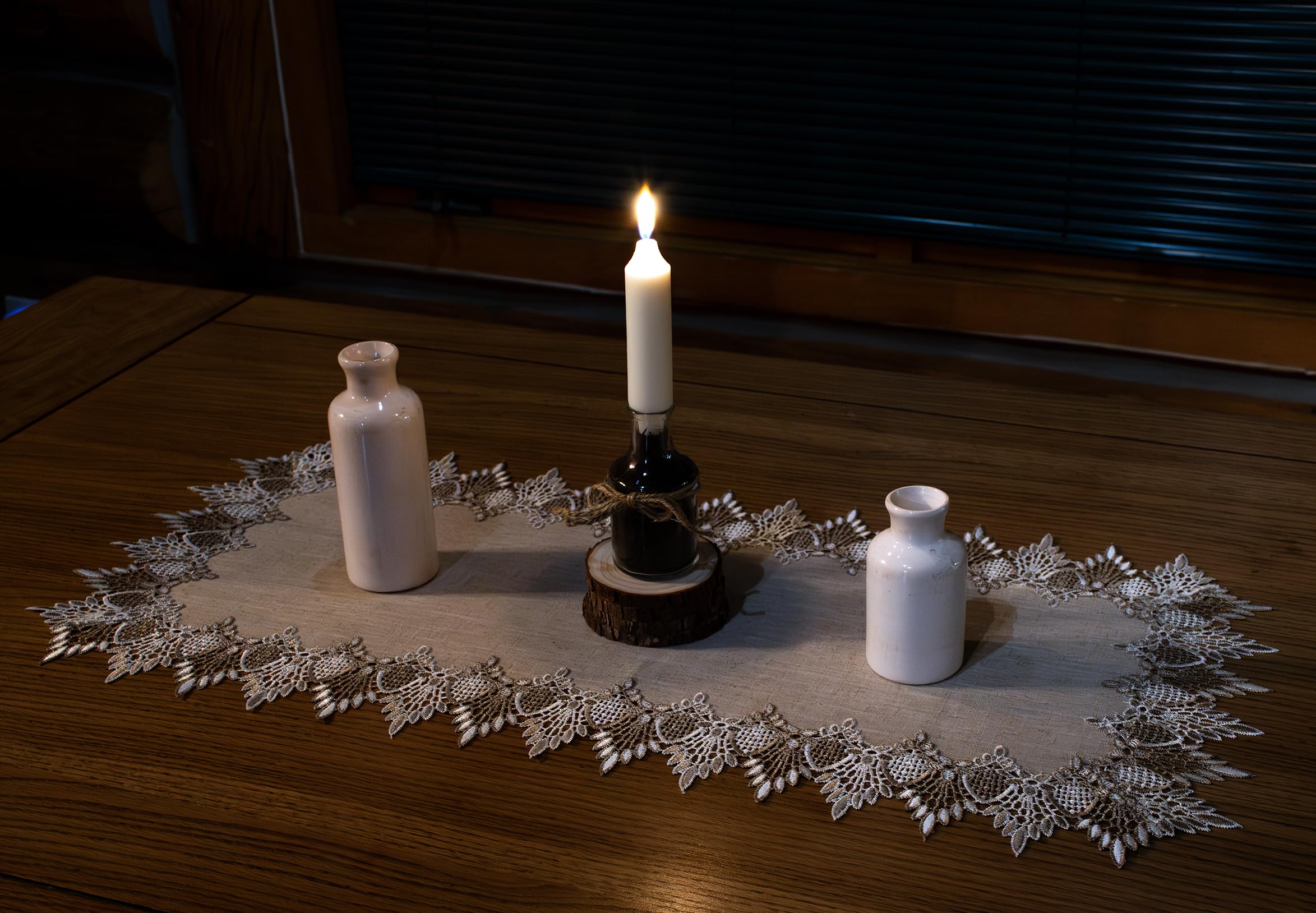 Linens, Art and Things dresser scarf lace overlay brings elegant detail.