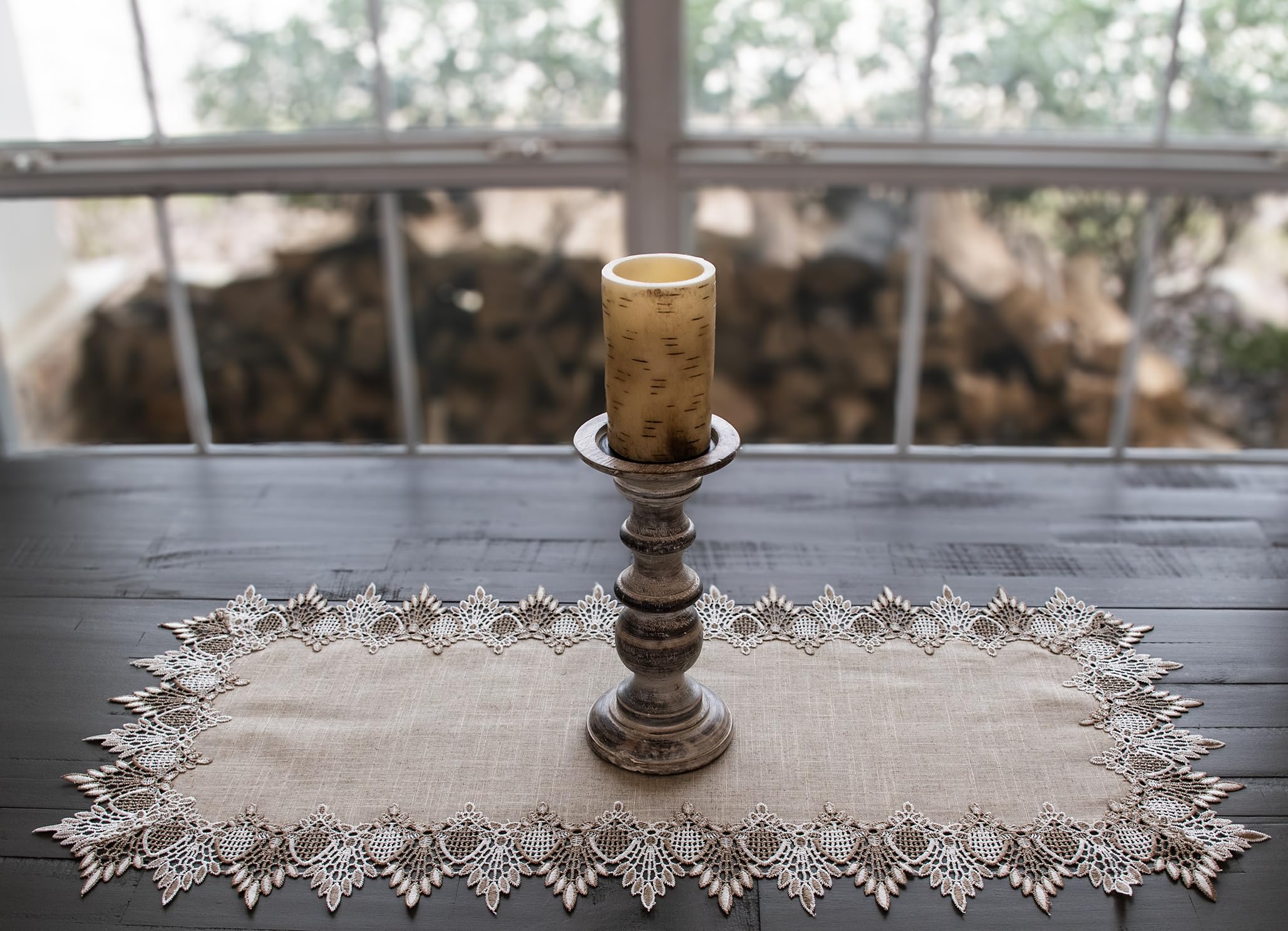 Linens, Art and Things elegant table runner beige enhances centerpiece.