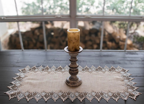 Linens, Art and Things elegant table runner beige enhances centerpiece.