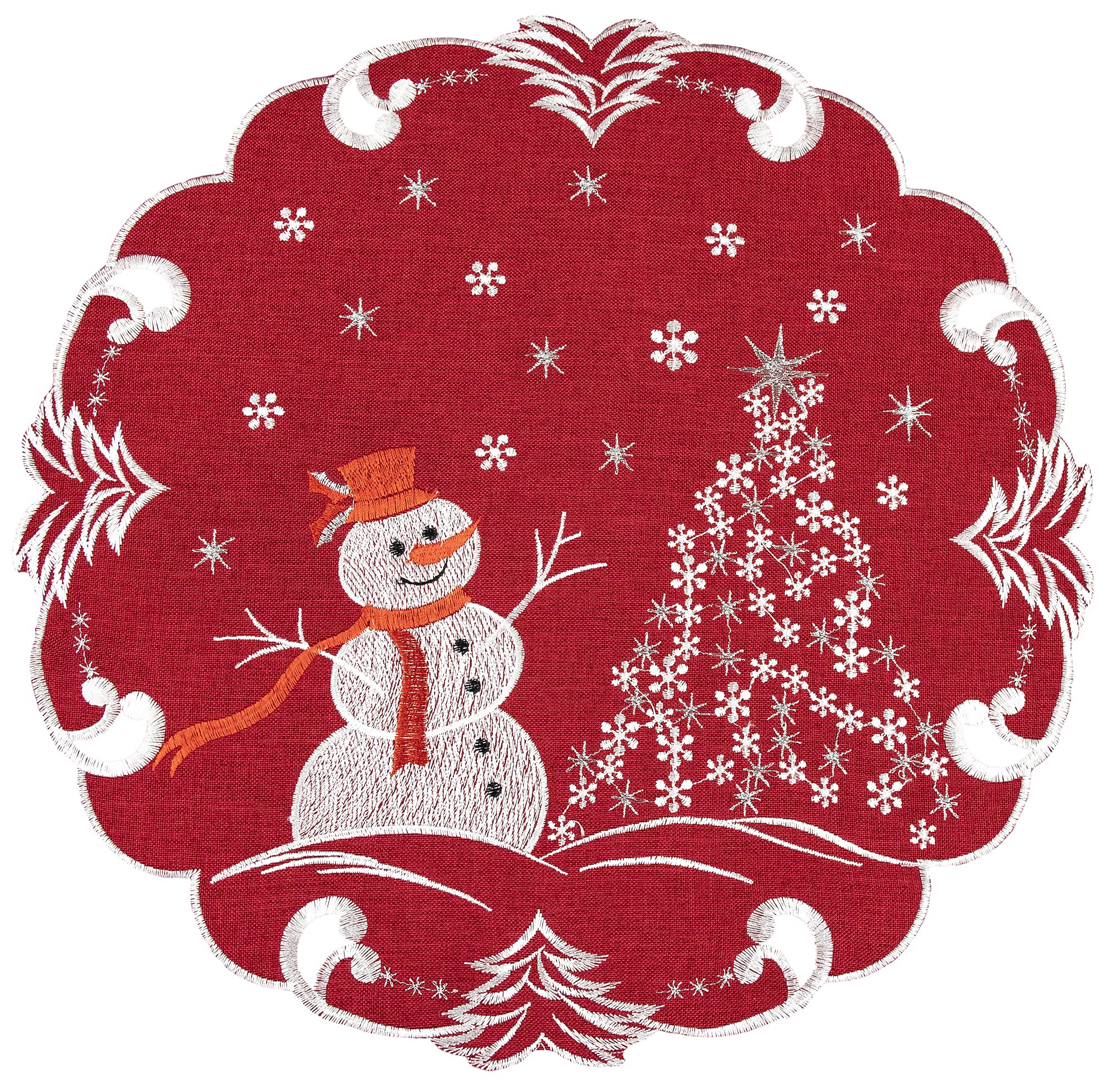 Linens, Art and Things snow doily with silver stars enhances centerpiece sparkle.