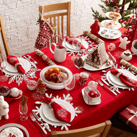 Lingringdcy Christmas dining setup with gold snowflake placemats