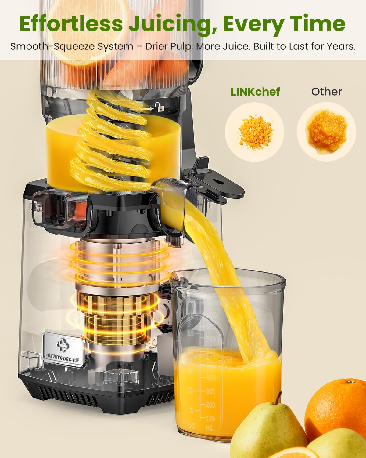 LINKChef slow juicer operating at 50-65 RPM to minimize pulp