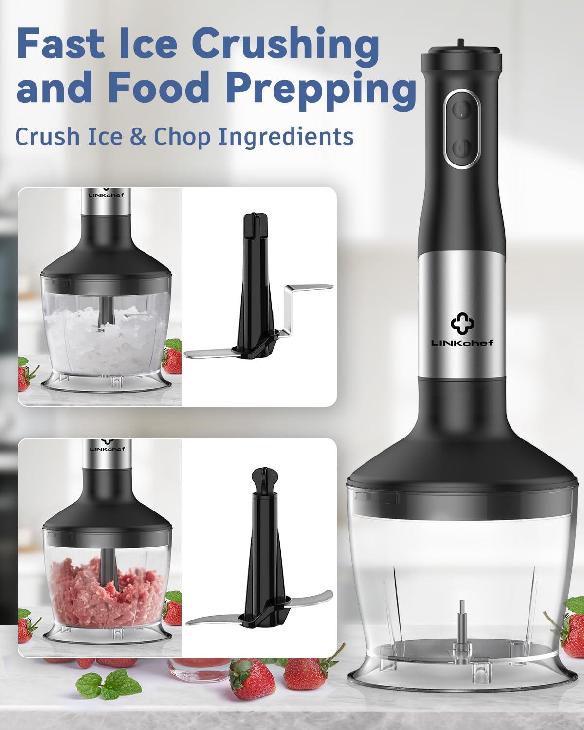 LINKChef titanium 4-blade and ice-crush blades deliver smooth frozen textures