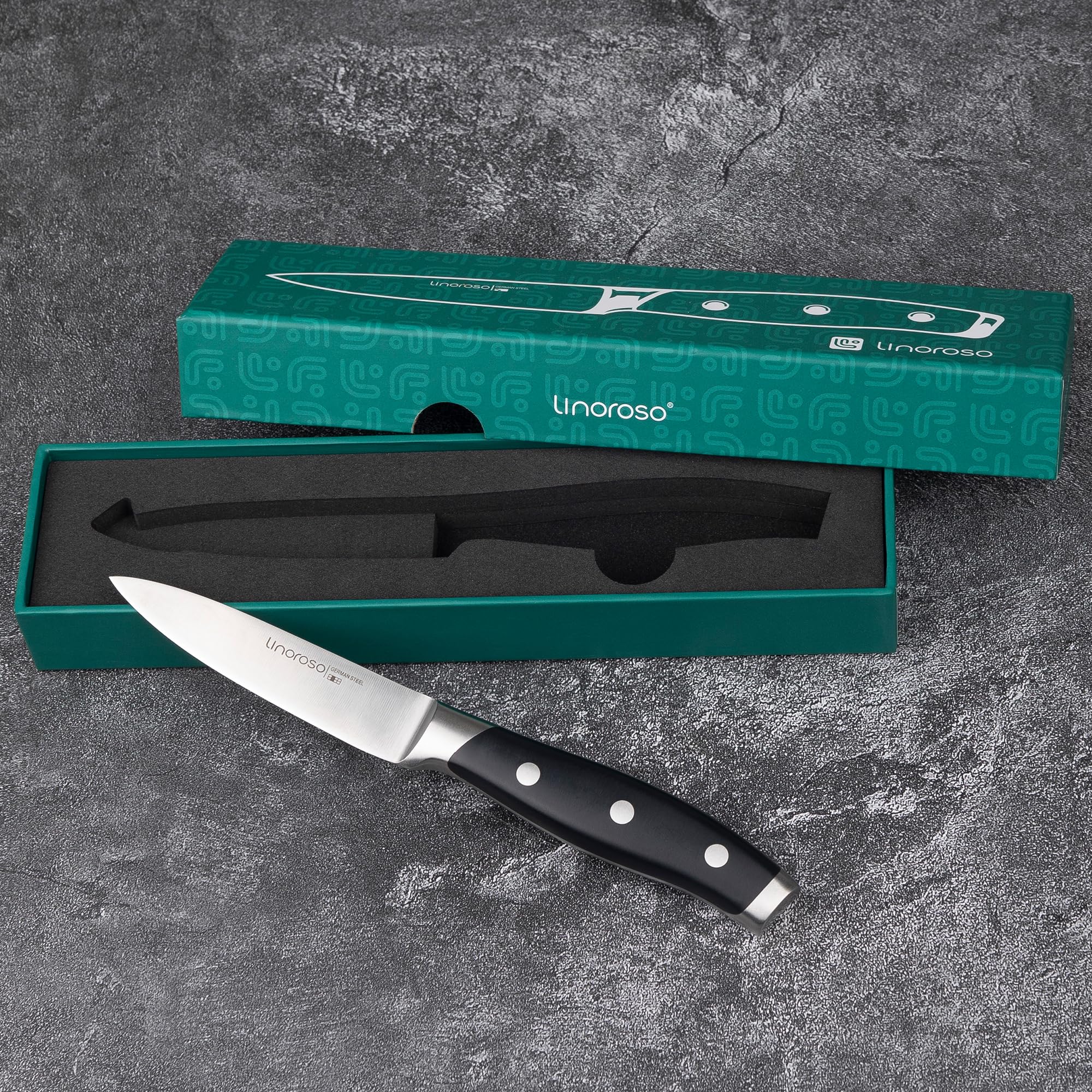 Linoroso Classic paring knife displayed in a kitchen setup.