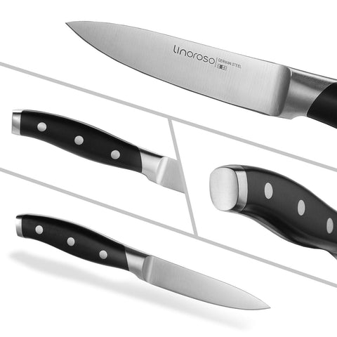 Linoroso Classic paring knife packaging display beside kitchen tools.
