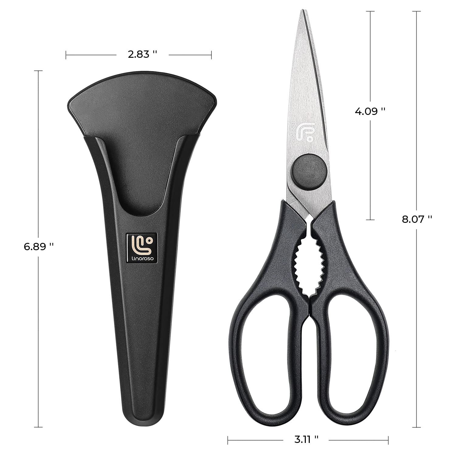 Linoroso kitchen shears mounted on fridge with magnetic holder.