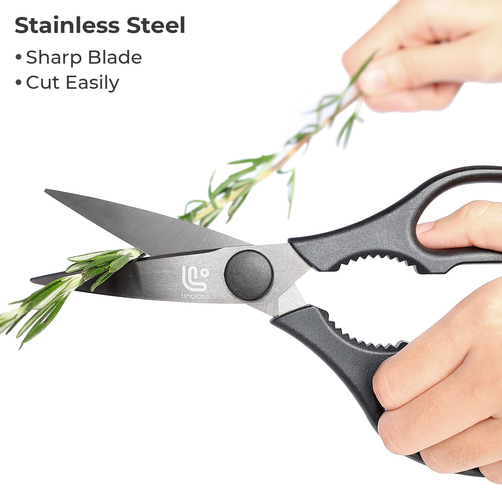 Linoroso kitchen shears Japanese steel 4034 for durable cutting.