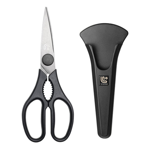 Linoroso kitchen shears with magnetic holder for easy storage.