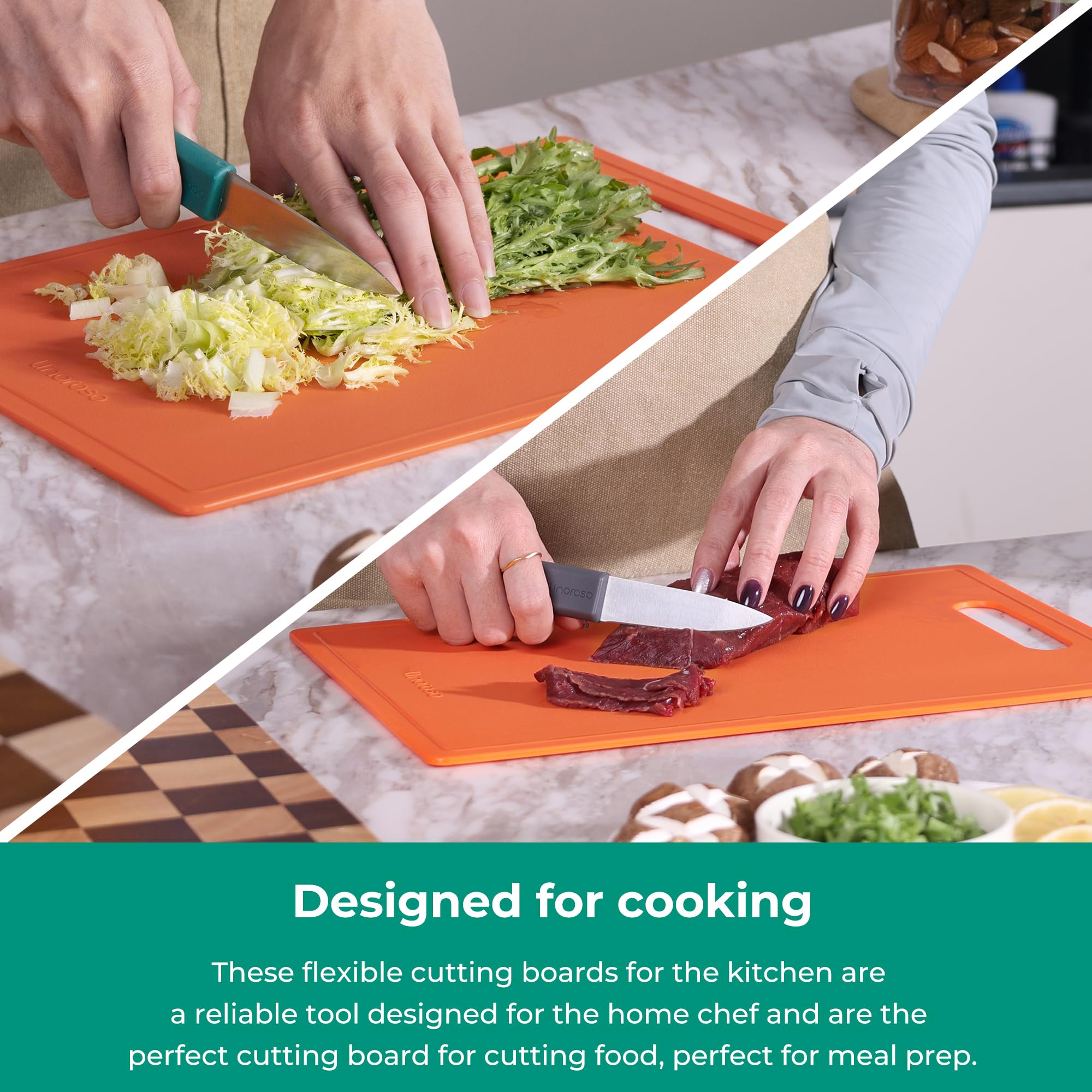 Linoroso cutting board with frosted non-slip surface stabilizing ingredients.