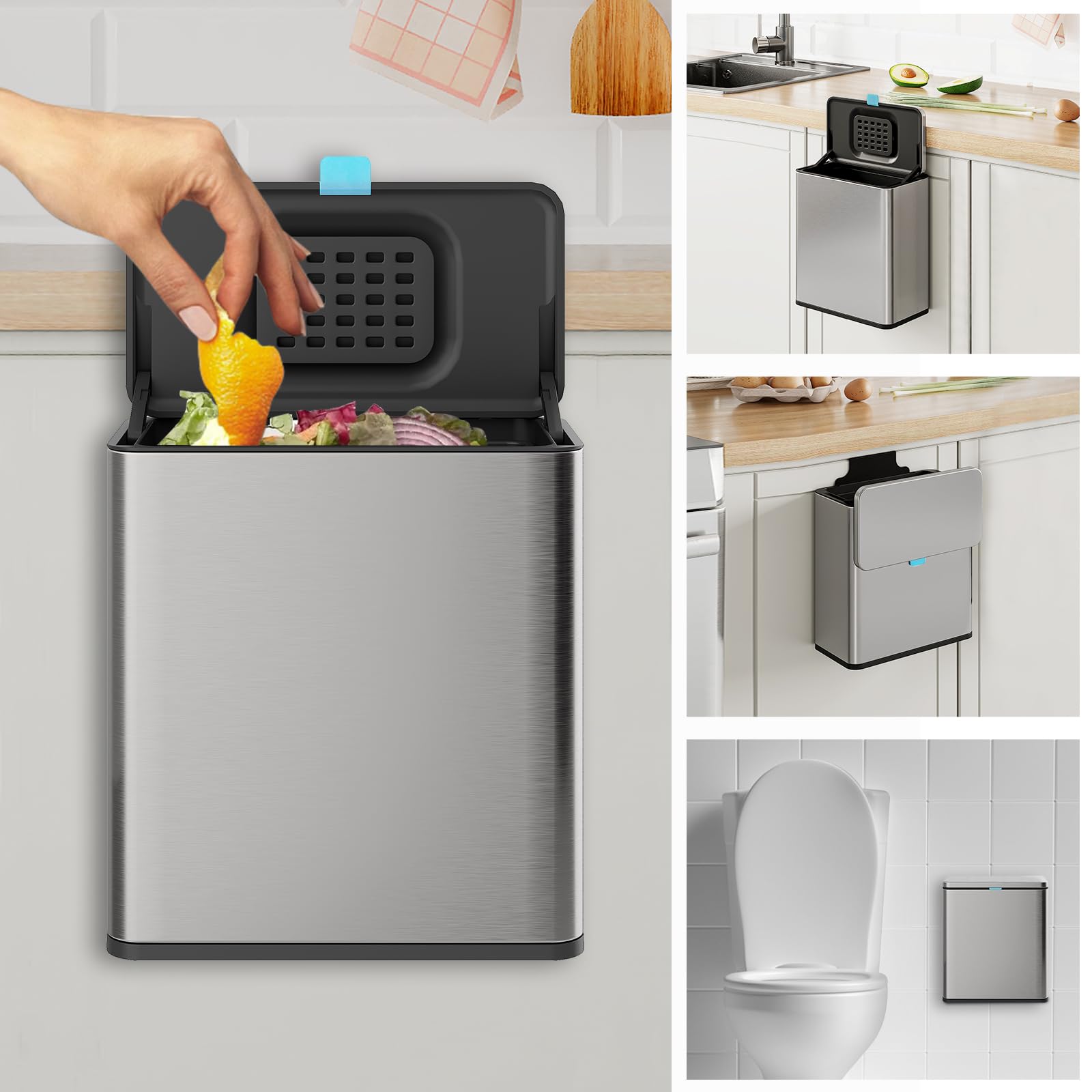 LINSSEN 2-gallon stainless steel bin with lid and inner liner for easy cleaning.