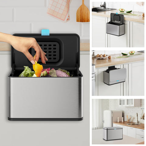 LINSSEN trash can with lid open for quick, clean waste disposal on the counter.