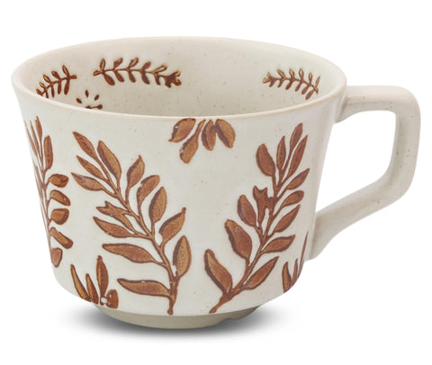 LINVIA ceramic mug with ivy pattern—close-up, durable stoneware for hot coffee.