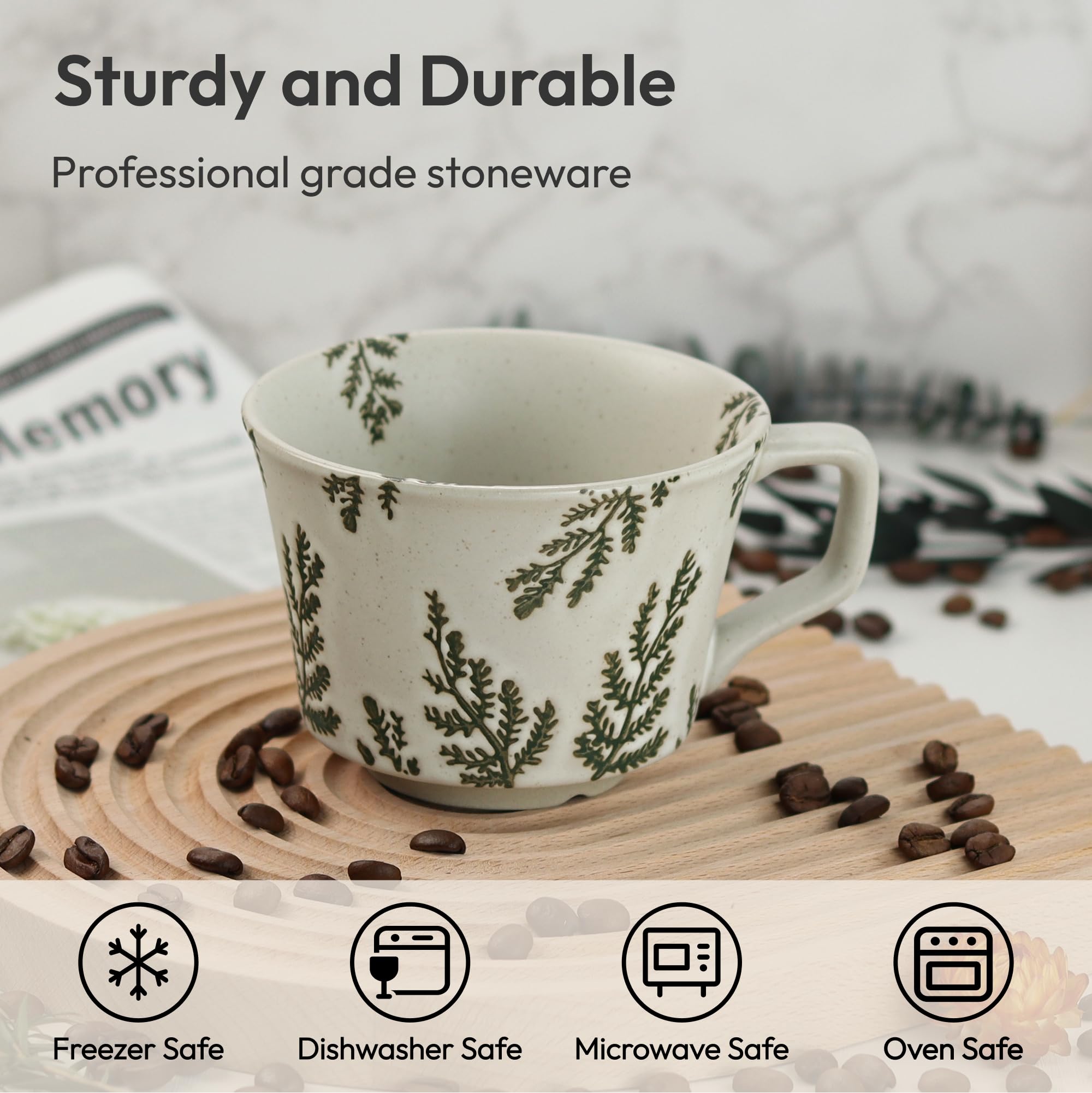 Close-up of LINVIA mug showing leaf glaze and smooth finish