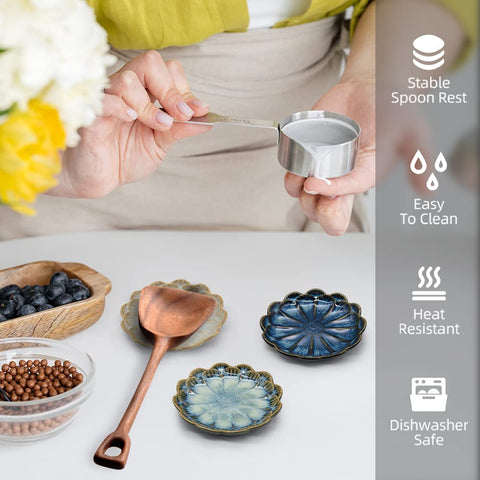 LINXUXIE spoon rest trio on sunflower plates; heat resistant and dishwasher safe