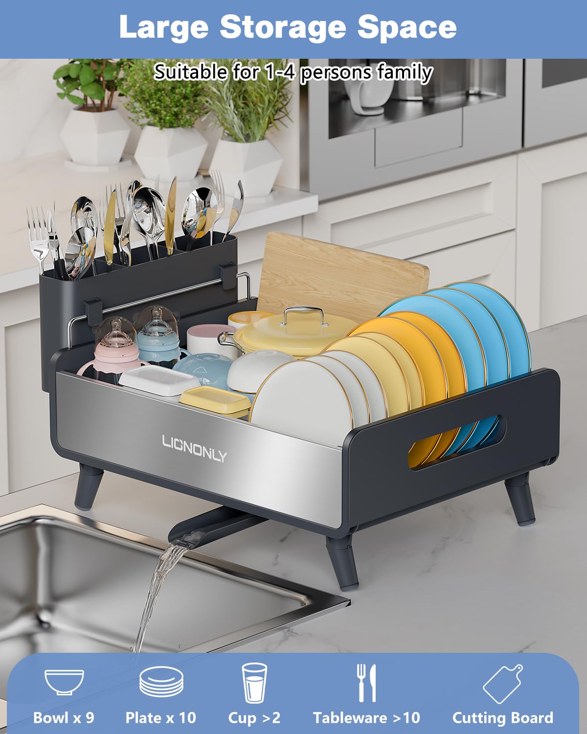 LIONONLY dish rack includes a utensil holder for organized drying.