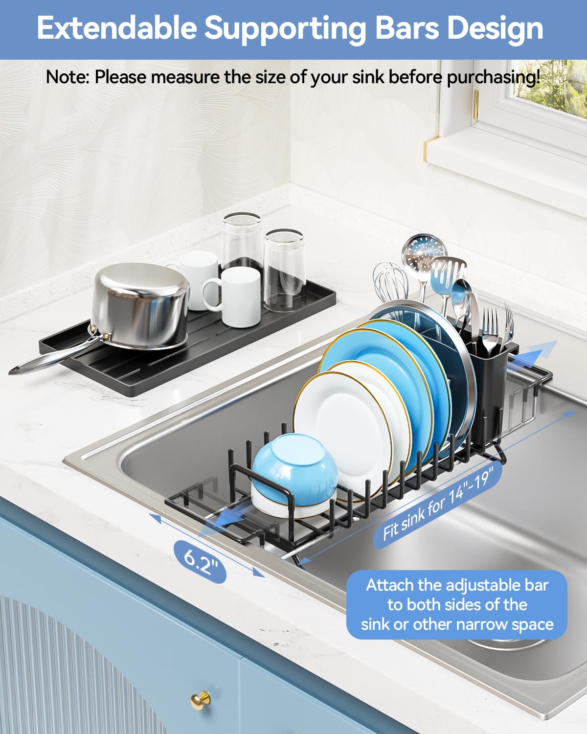 LIONONLY expandable dish rack extended across the sink to free counter space.
