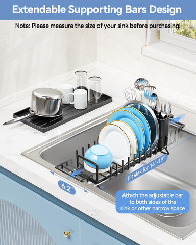 LIONONLY expandable dish rack extended across the sink to free counter space.
