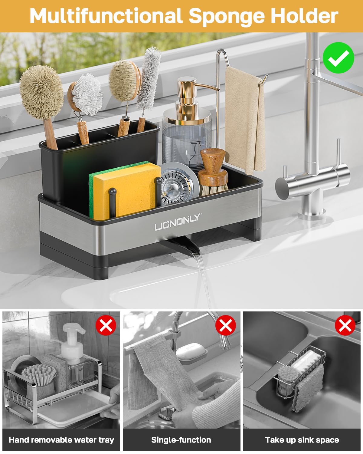 LIONONLY organizer with multifunction partitions for brushes, sponges, and towels within reach