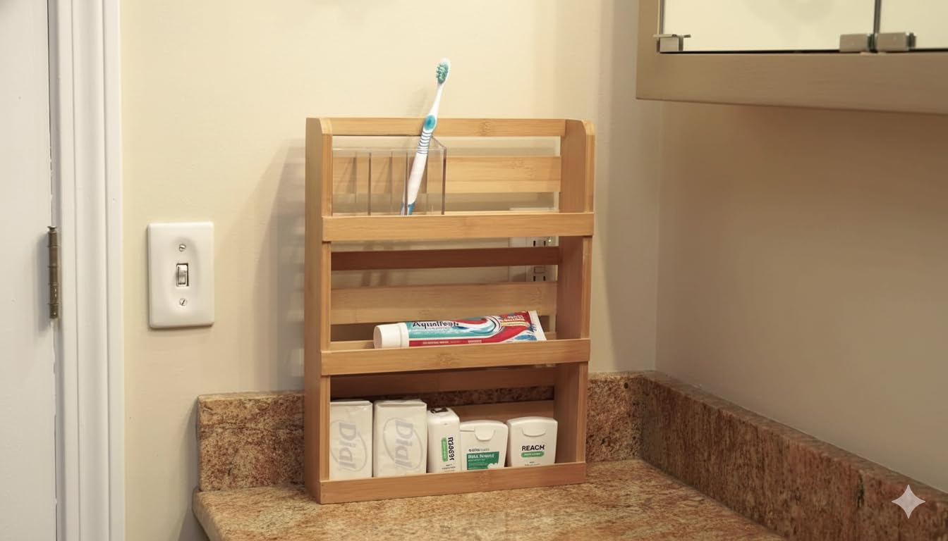 Lipper International 8840 bamboo rack showing neatly organized spice jars.
