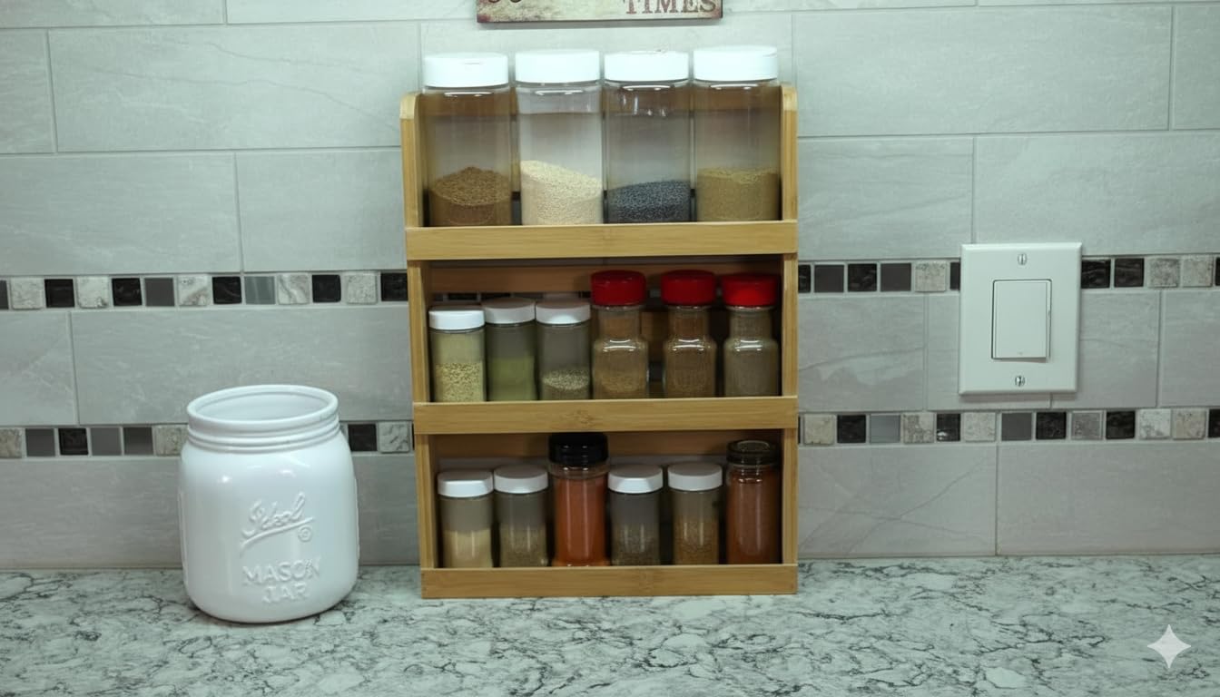 Lipper International 8840 bamboo rack in pantry optimizes spice organization.