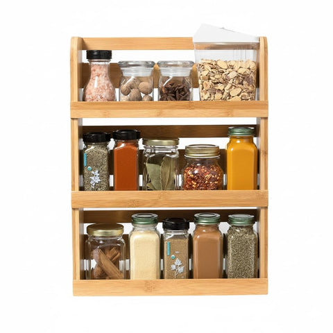 Lipper International 8840 bamboo spice rack side view supports compact kitchen organization.