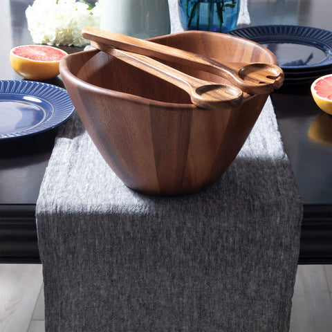 Lipper International Acacia Wave Bowl with servers enables graceful serving.