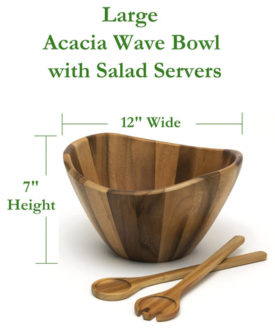 Lipper International Acacia Large Wave Bowl with servers for easy salad service.