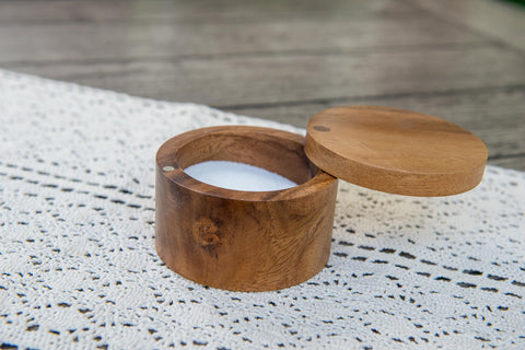 Lipper International Acacia Salt Box measures 3-1-2 by 2-1-2 inches.