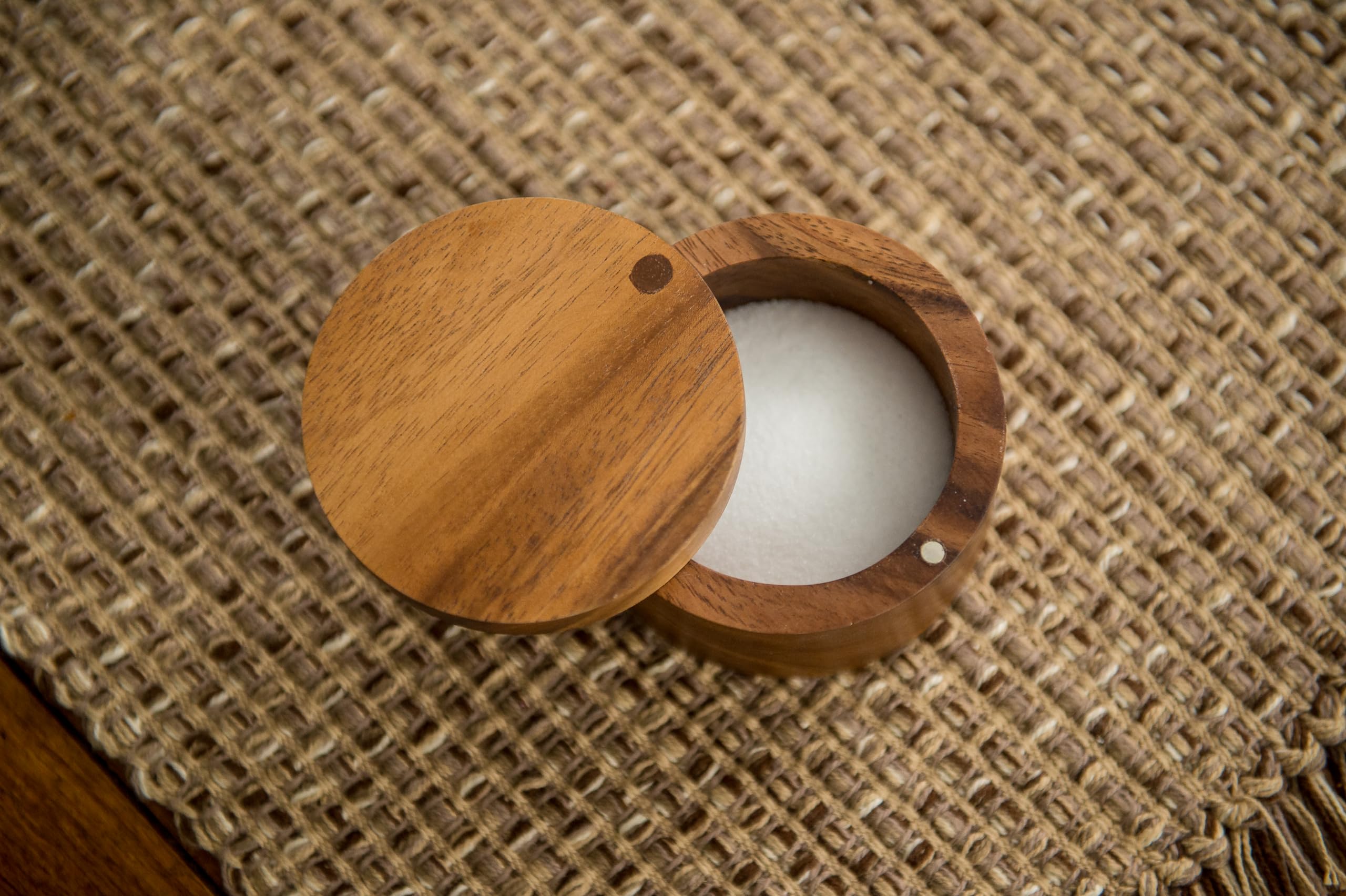 Lipper International Acacia Salt Box adds an elegant touch to kitchen organization.