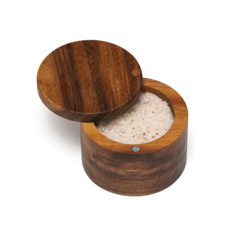 Lipper International Acacia salt box close-up reveals rich grain and durability.