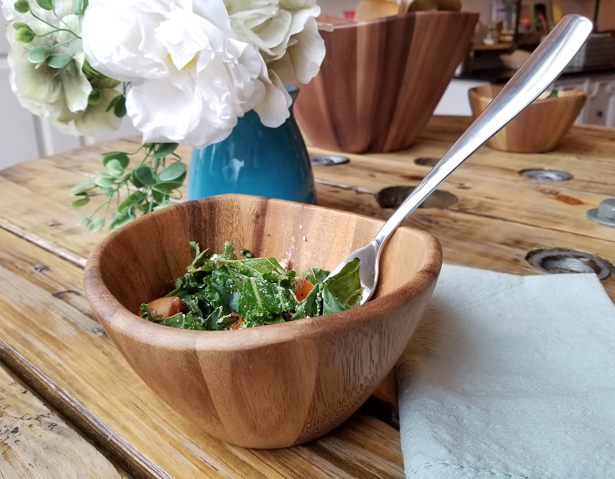 Lipper International acacia wave bowl in kitchen, easy-care design