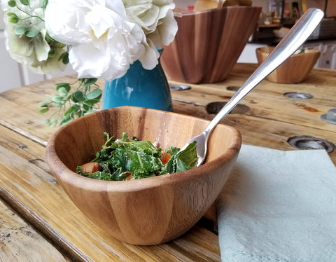 Lipper International acacia wave bowl in kitchen, easy-care design