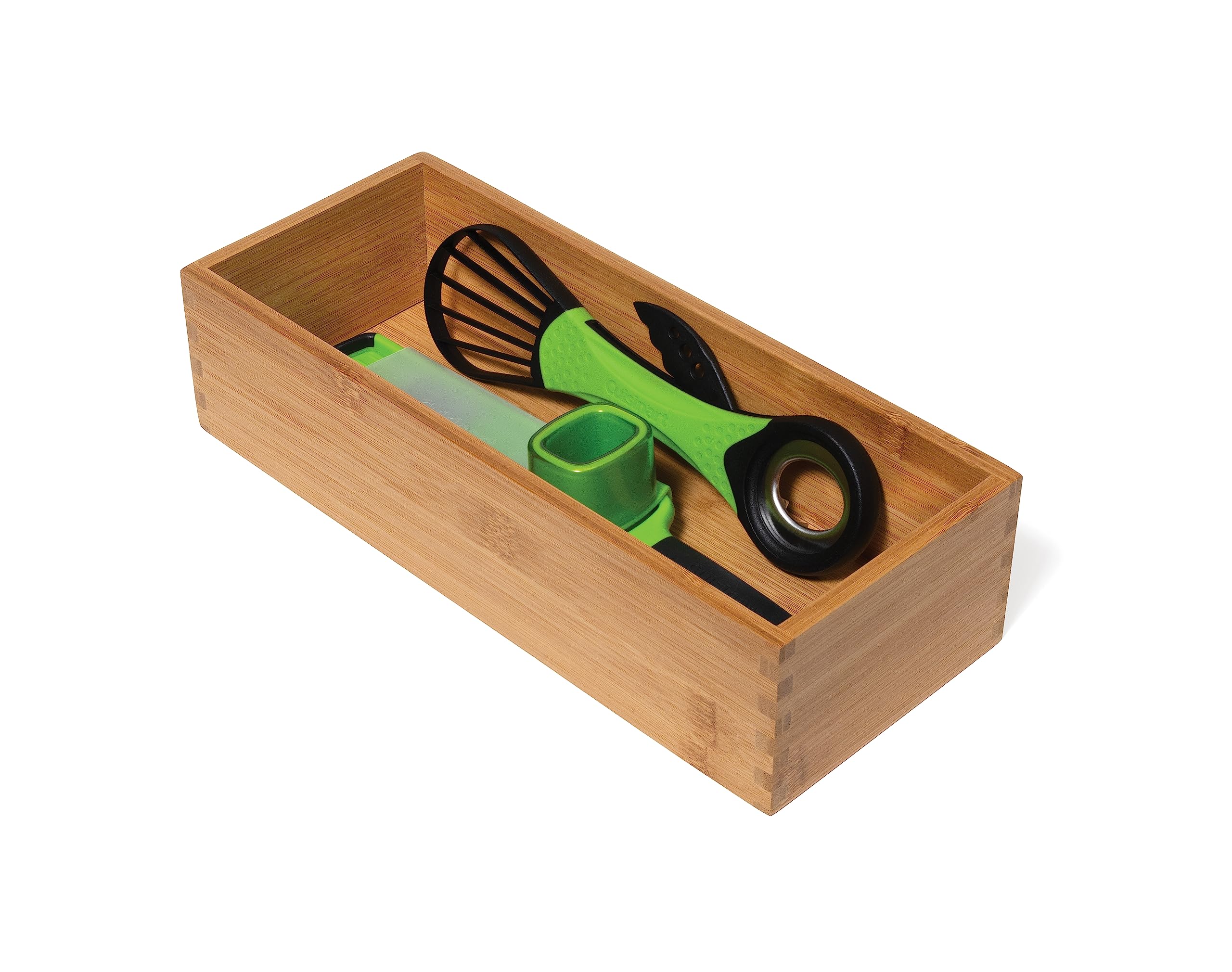 Lipper International Bamboo Wood Utensil Holder on office desk keeps pens and notepads tidy.