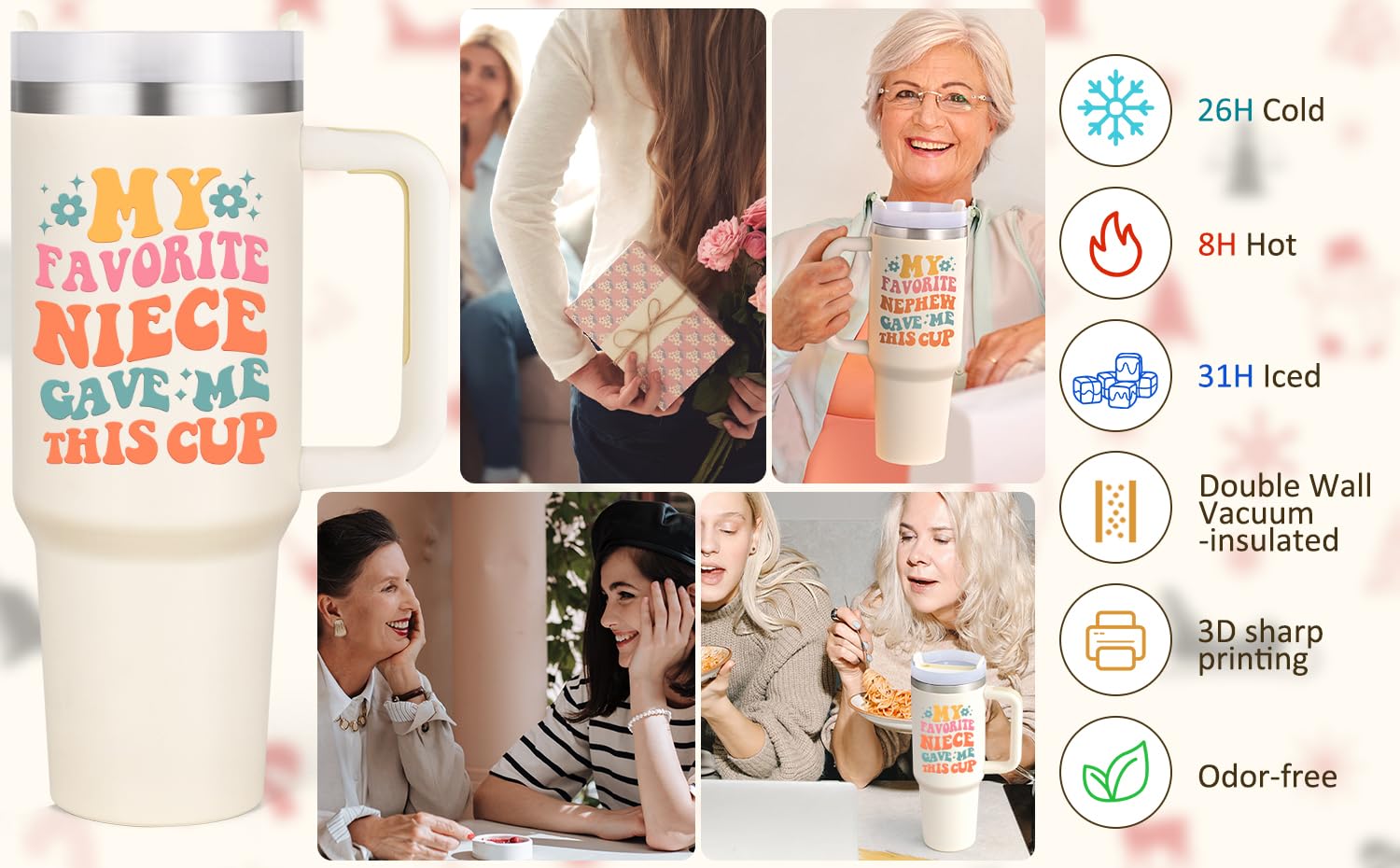 LiqCool 40oz Aunt Tumbler cream gift-card ready packaging.