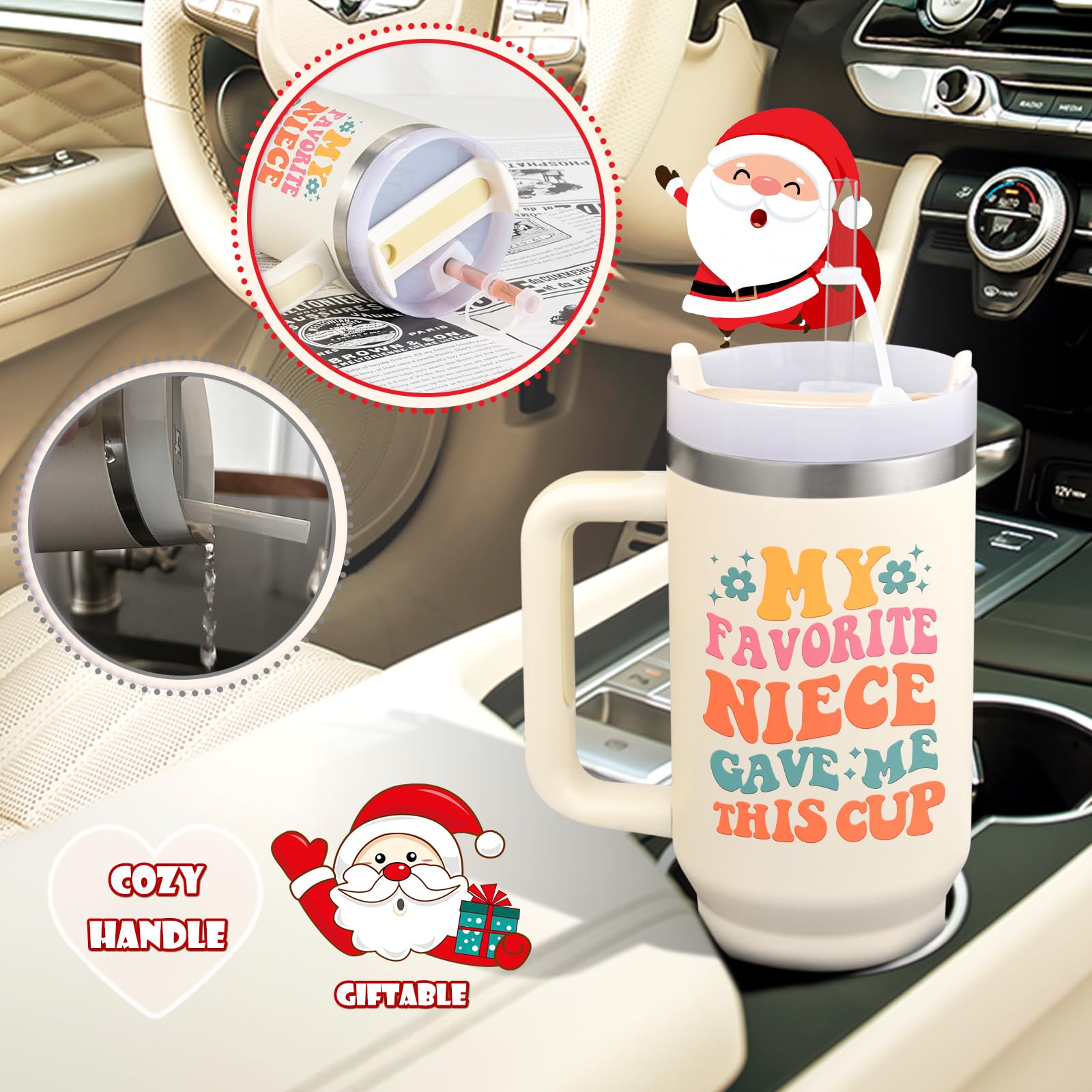 LiqCool 40oz Aunt Tumbler cream with straws offers convenient sipping options.