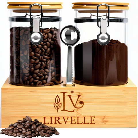 Lirvelle airtight coffee canister with bamboo lid preserves aroma and freshness.